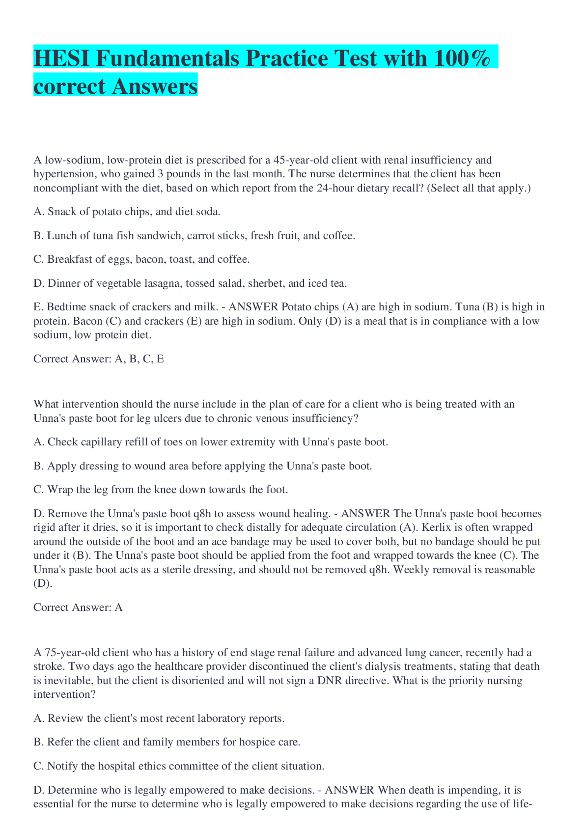 Preview image for HESI Fundamentals Practice Test with 100% correct Answers